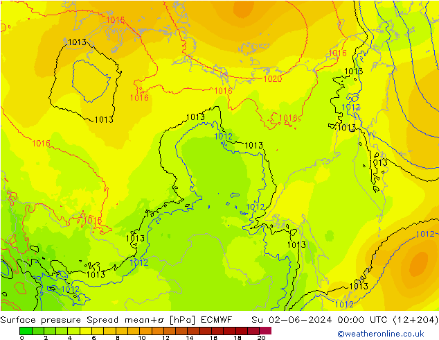 Surface pressure Spread ECMWF Su 02.06.2024 00 UTC
