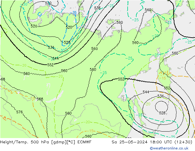 Height/Temp. 500 hPa ECMWF so. 25.05.2024 18 UTC