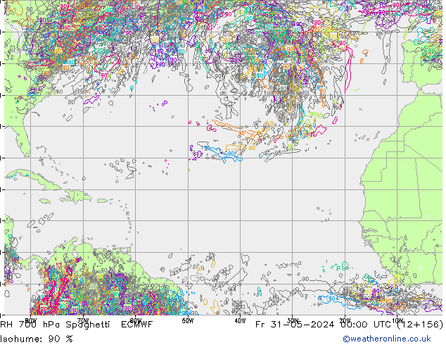 RH 700 гПа Spaghetti ECMWF пт 31.05.2024 00 UTC