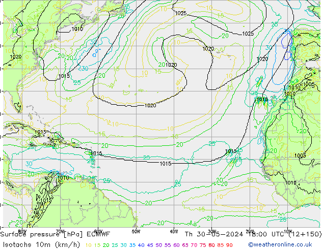 Isotachs (kph) ECMWF  30.05.2024 18 UTC