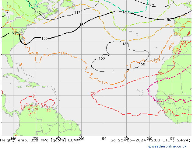 Height/Temp. 850 hPa ECMWF So 25.05.2024 12 UTC