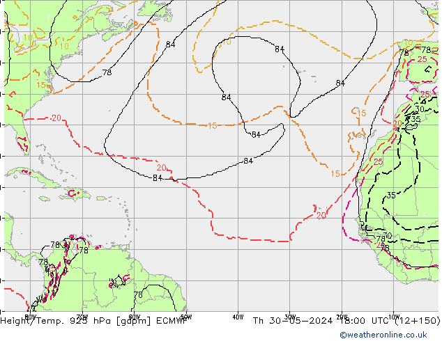 Height/Temp. 925 hPa ECMWF Čt 30.05.2024 18 UTC