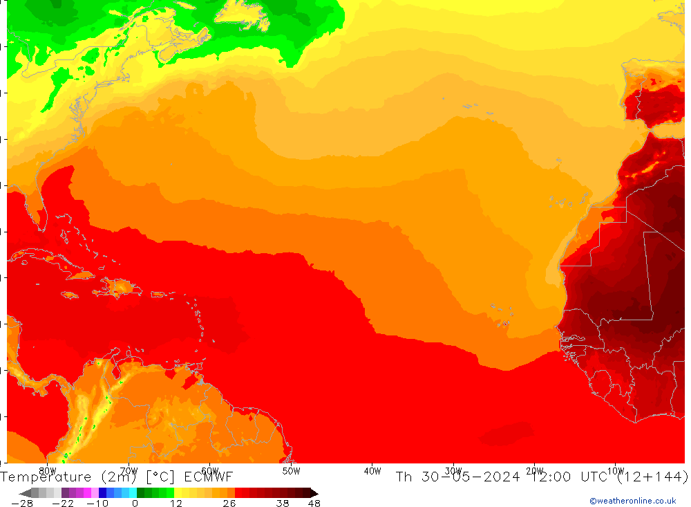 Temperatura (2m) ECMWF jue 30.05.2024 12 UTC
