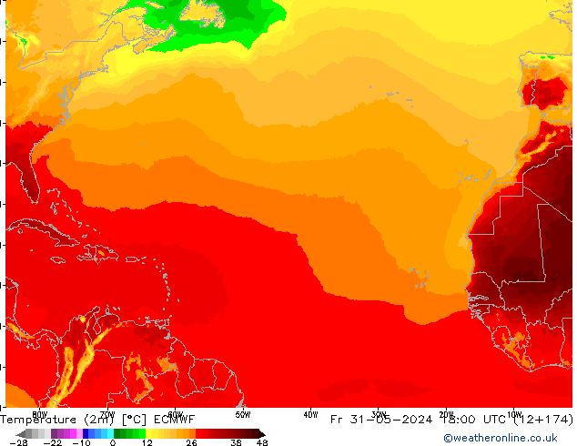 Temperatura (2m) ECMWF ven 31.05.2024 18 UTC