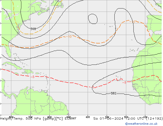 Geop./Temp. 500 hPa ECMWF sáb 01.06.2024 12 UTC