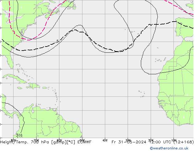 Height/Temp. 700 hPa ECMWF ven 31.05.2024 12 UTC