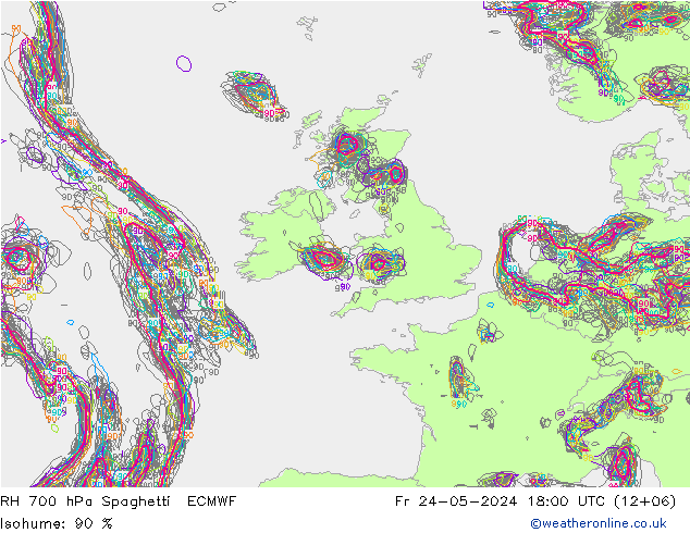 RH 700 hPa Spaghetti ECMWF Fr 24.05.2024 18 UTC