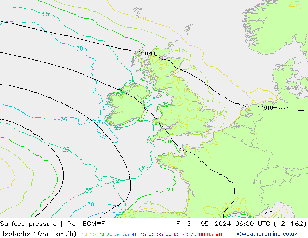 Isotachs (kph) ECMWF Fr 31.05.2024 06 UTC