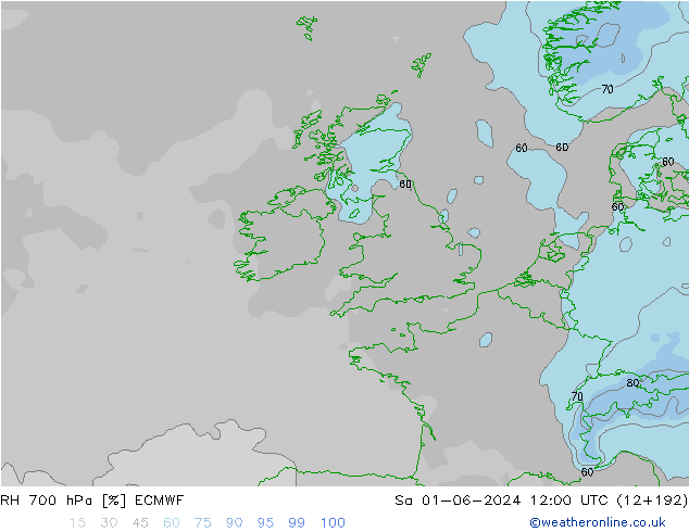 Humedad rel. 700hPa ECMWF sáb 01.06.2024 12 UTC