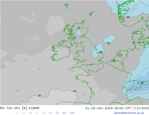 RH 700 hPa ECMWF nie. 02.06.2024 00 UTC