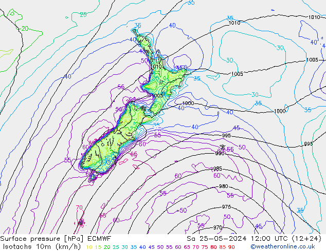 Isotachs (kph) ECMWF sam 25.05.2024 12 UTC