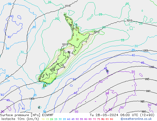 Isotachs (kph) ECMWF Tu 28.05.2024 06 UTC