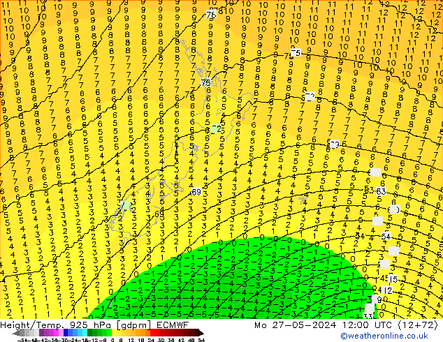 Height/Temp. 925 hPa ECMWF Mo 27.05.2024 12 UTC