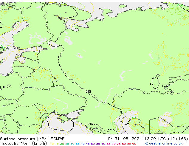 Isotachs (kph) ECMWF Pá 31.05.2024 12 UTC