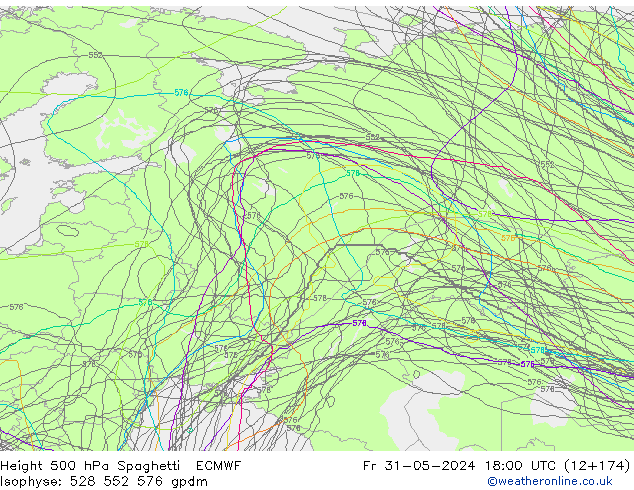 Height 500 hPa Spaghetti ECMWF pt. 31.05.2024 18 UTC