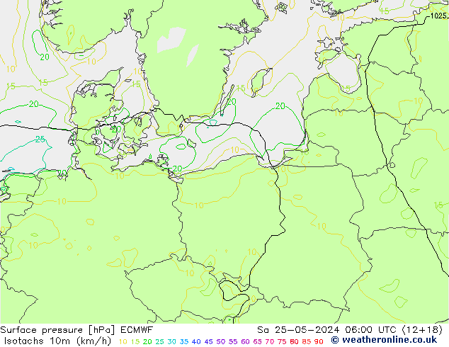 Isotachs (kph) ECMWF Sa 25.05.2024 06 UTC