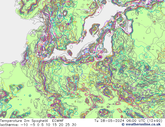 Temperatura 2m Spaghetti ECMWF mar 28.05.2024 06 UTC