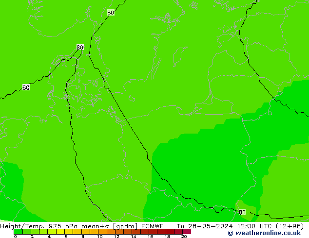 Height/Temp. 925 hPa ECMWF Tu 28.05.2024 12 UTC