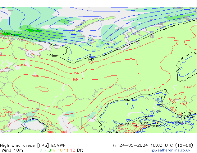 High wind areas ECMWF Fr 24.05.2024 18 UTC