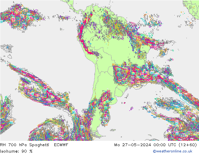 RH 700 hPa Spaghetti ECMWF  27.05.2024 00 UTC