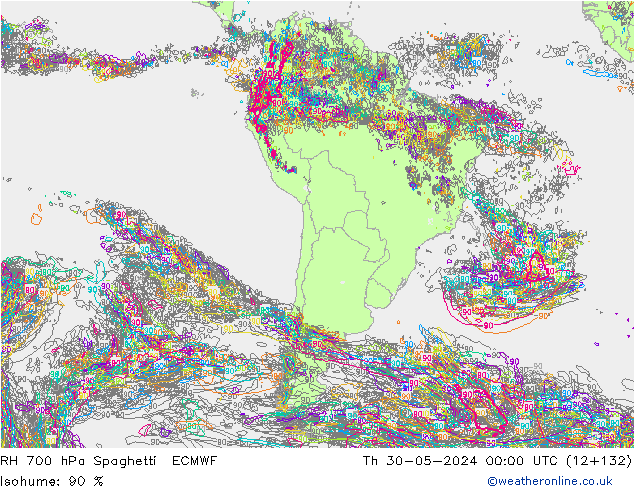 RH 700 hPa Spaghetti ECMWF Čt 30.05.2024 00 UTC