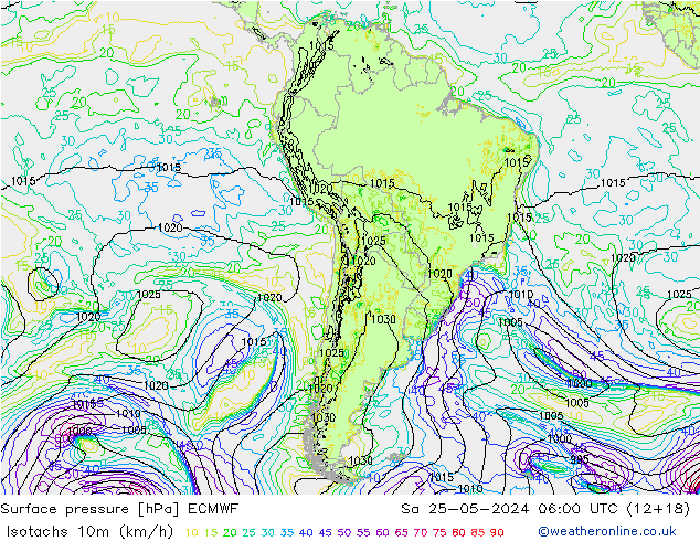 Isotachen (km/h) ECMWF za 25.05.2024 06 UTC