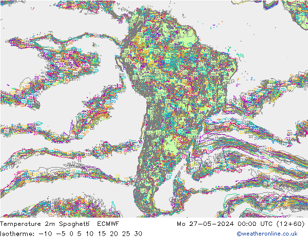 Temperatura 2m Spaghetti ECMWF lun 27.05.2024 00 UTC