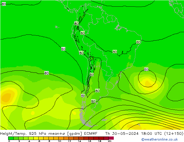 Height/Temp. 925 гПа ECMWF чт 30.05.2024 18 UTC