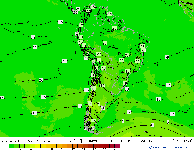 mapa temperatury 2m Spread ECMWF pt. 31.05.2024 12 UTC