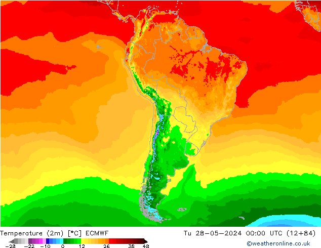 Temperatuurkaart (2m) ECMWF di 28.05.2024 00 UTC