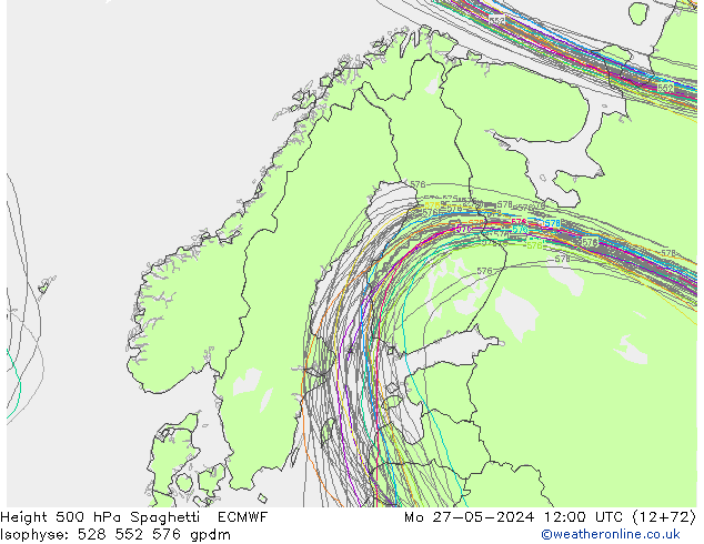 Height 500 hPa Spaghetti ECMWF Mo 27.05.2024 12 UTC