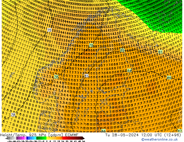 Height/Temp. 925 hPa ECMWF  28.05.2024 12 UTC