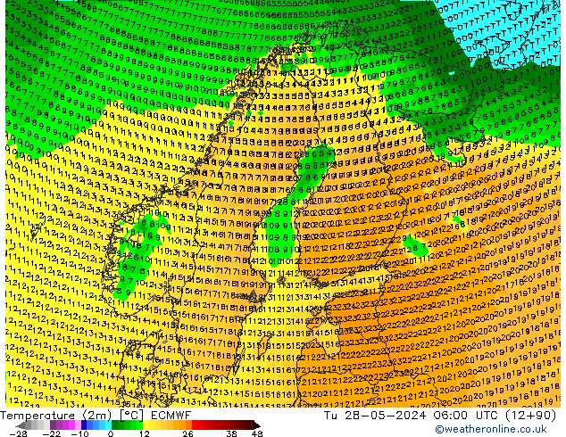 Temperature (2m) ECMWF Út 28.05.2024 06 UTC