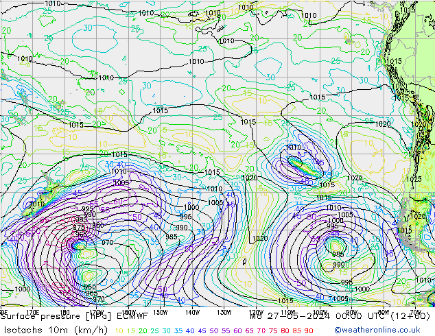 Isotachen (km/h) ECMWF ma 27.05.2024 00 UTC