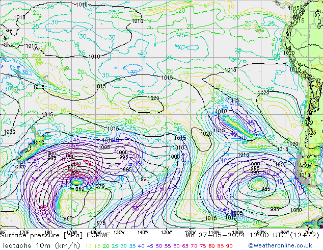 Isotachs (kph) ECMWF Mo 27.05.2024 12 UTC