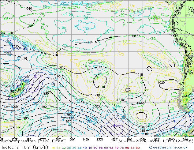 Isotachs (kph) ECMWF Th 30.05.2024 06 UTC