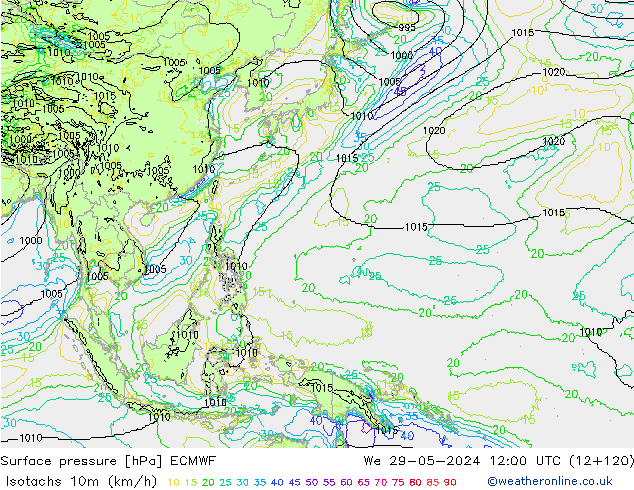 Isotachs (kph) ECMWF We 29.05.2024 12 UTC