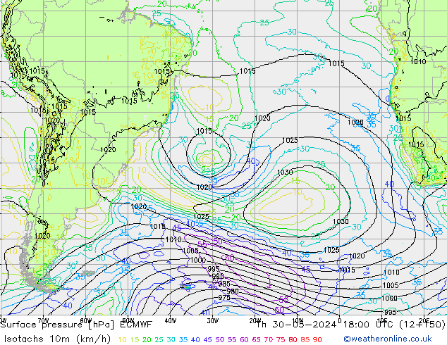 Isotachs (kph) ECMWF gio 30.05.2024 18 UTC