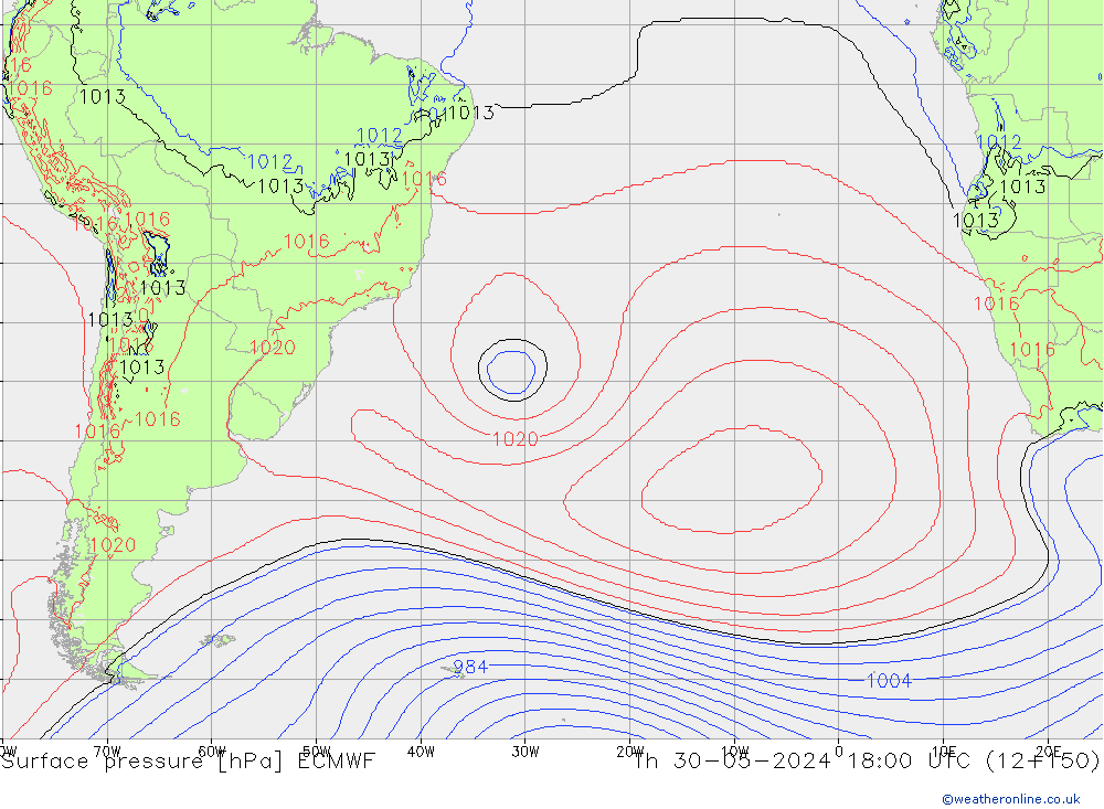 Atmosférický tlak ECMWF Čt 30.05.2024 18 UTC