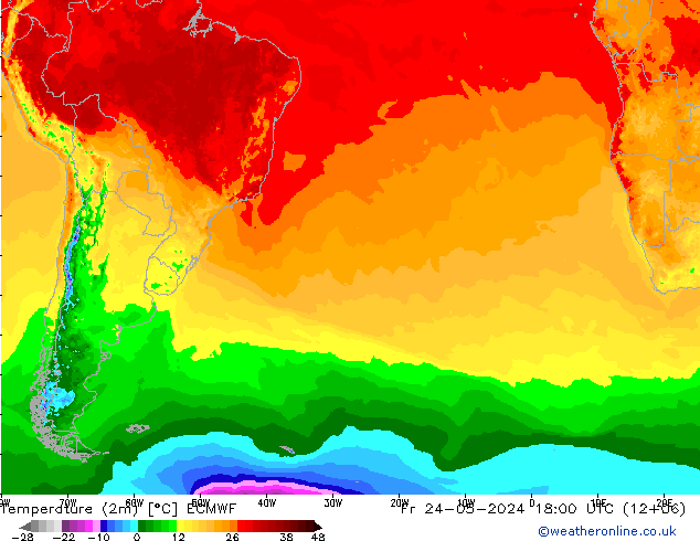 mapa temperatury (2m) ECMWF pt. 24.05.2024 18 UTC