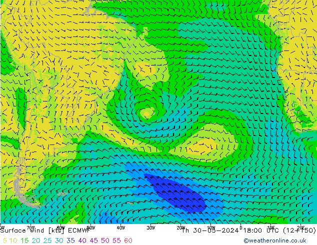 Vento 10 m ECMWF gio 30.05.2024 18 UTC