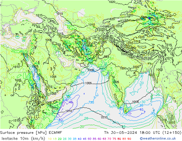 Isotaca (kph) ECMWF jue 30.05.2024 18 UTC