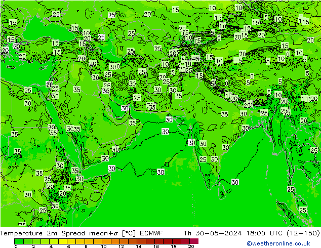 Temperatuurkaart Spread ECMWF do 30.05.2024 18 UTC