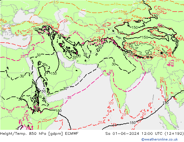 Height/Temp. 850 hPa ECMWF So 01.06.2024 12 UTC