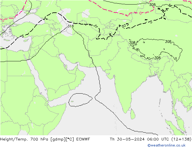 Geop./Temp. 700 hPa ECMWF jue 30.05.2024 06 UTC