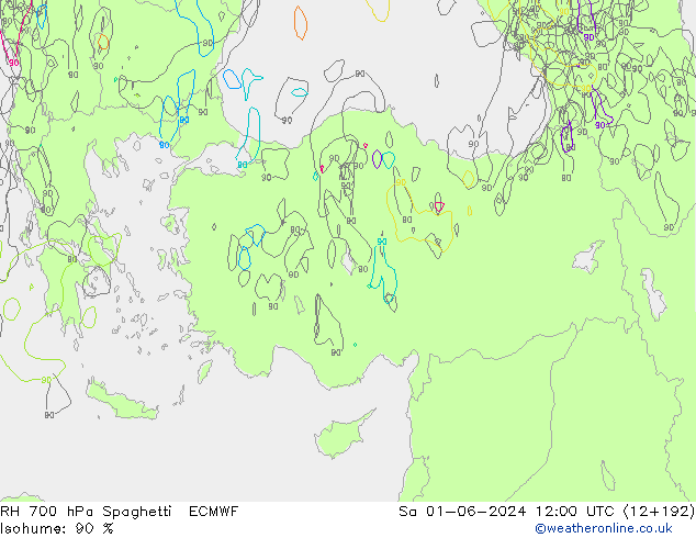 RH 700 hPa Spaghetti ECMWF Sa 01.06.2024 12 UTC