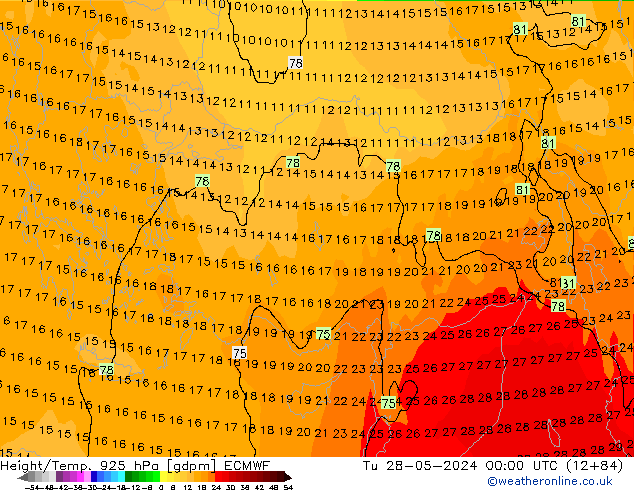 Yükseklik/Sıc. 925 hPa ECMWF Sa 28.05.2024 00 UTC