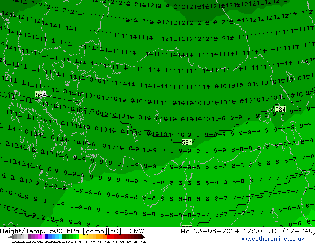 Height/Temp. 500 hPa ECMWF lun 03.06.2024 12 UTC