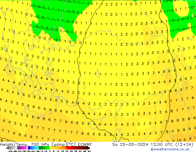 Height/Temp. 700 гПа ECMWF сб 25.05.2024 12 UTC