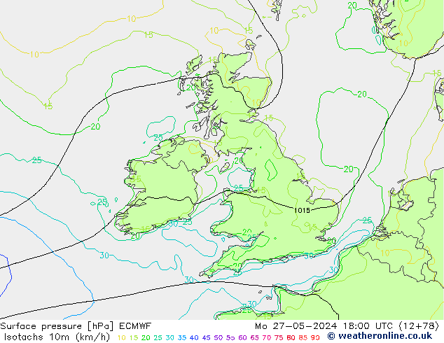 Isotachs (kph) ECMWF Po 27.05.2024 18 UTC